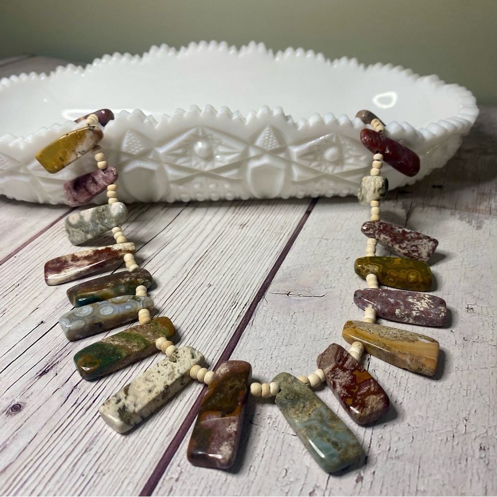 Vintage Jasper & Bone Beaded Statement Necklace • 20”